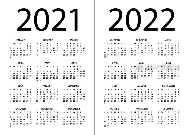 日历2021 2022 -矢量插图。一周从周日开始